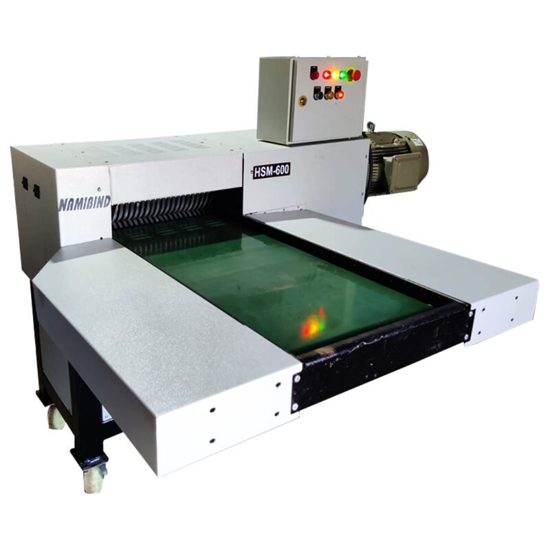 Namibind HSM-600 Industrial Shredder with Conveyor | 500mm Feed Opening | Strip-Cut (8-10mm) | 15HP Motor | 3-Phase Gear Drive | 200-Sheet Capacity | 500 kg/hr Shredding Capacity | EN8 Steel Cutters