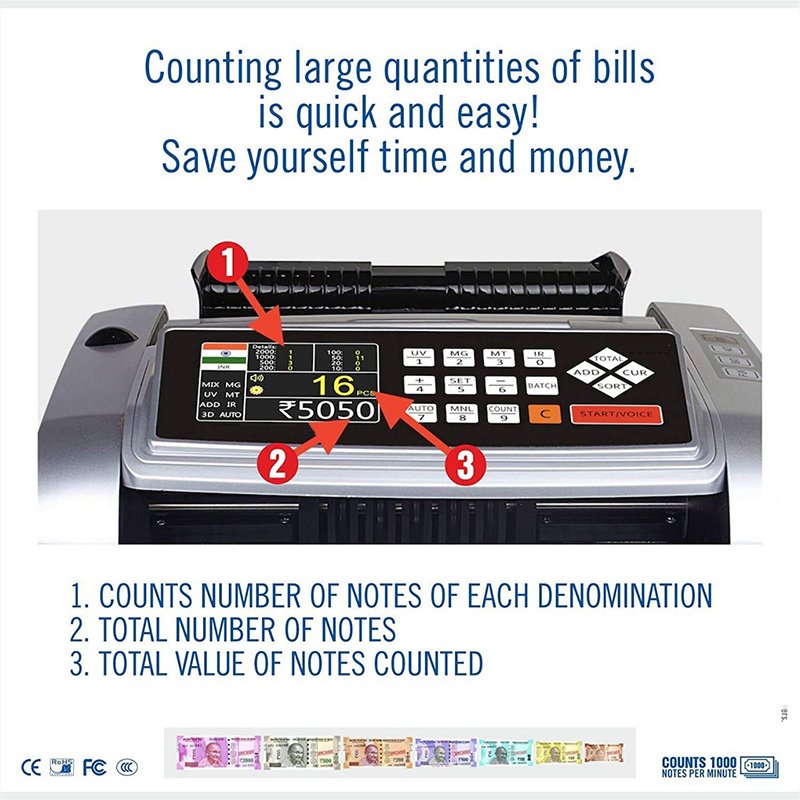 Namibind Mix Value Cash Counting Machine With Fake Note Detector | 1000pcs/min Speed | 200 Bill Hopper & Stacker, AC220V, 80W Power, 5.8kg Net Weight - Image 2